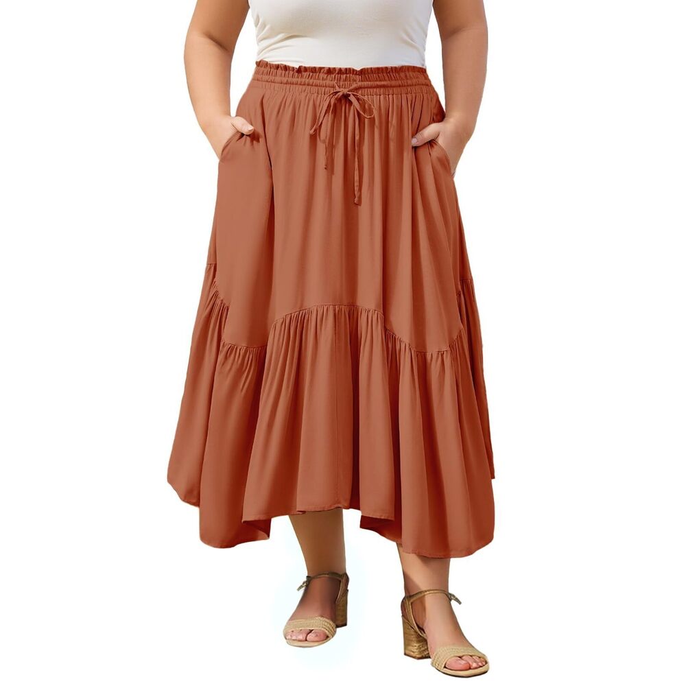 8652 Plus Size Boho Maxi Skirt Tiered Flowy High Waist Long Maxi Skirt